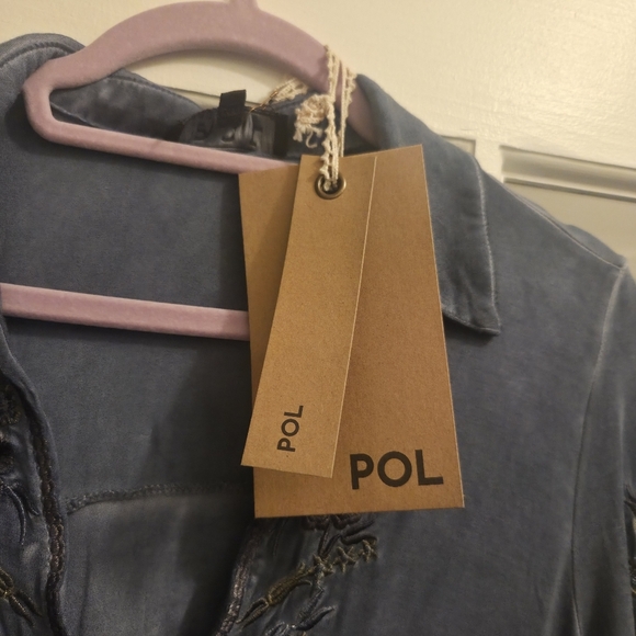 POL Long Sleeve Dress in A Bluish Gray with Embroidered Details & Flutter Wrists - Picture 2 of 7